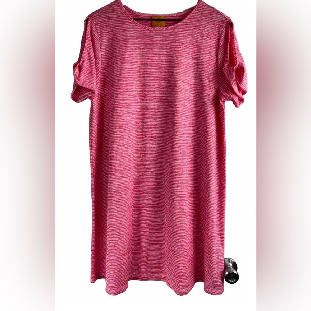 Ruby Rd. Women's Short Sleeve Cut Out Detail Pink Stripe T Shirt Dress Size L